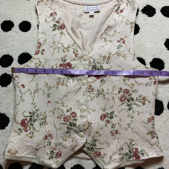 Vintage 90s Vest Medium Cream Linen Flax Rose Floral Button Front Back Tie - Picture 9 of 11